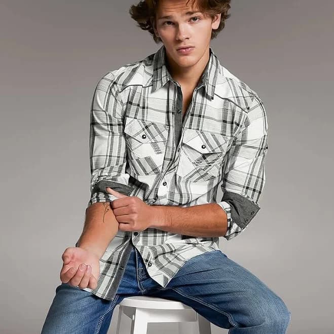BKE Men's Cotton Plaid Standard Shirt with Buckle