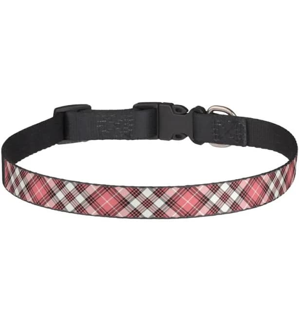 Coral Pink, Black and White Plaid Pattern Pet Collar