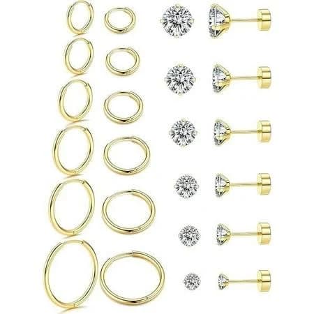 Cterwk 12 Pairs Flat Back Earrings Hoop Stud Earrings 14K Gold Plated Mini Small Hoop Earrings for Women Men, Gold, Adult Unisex