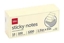 Office Depot Sticky Notes 1-1/2in x 2in Yellow 100 Sheets Per Pad (Pack of