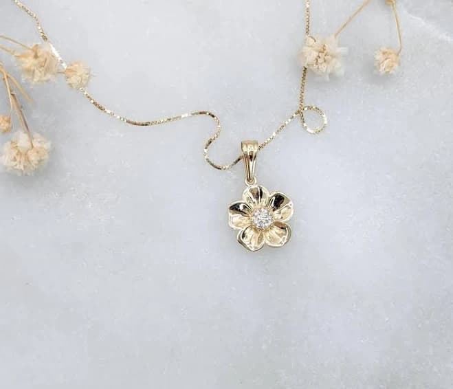 14K Solid Gold Tiny Flower CZ Diamond Pendant Necklace