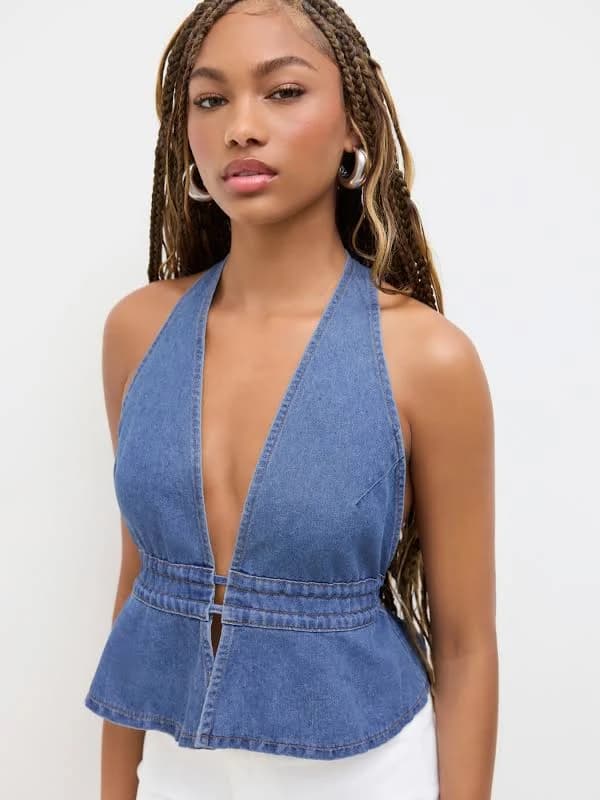 Denim Halter Neckline Backless Bowknot Top
