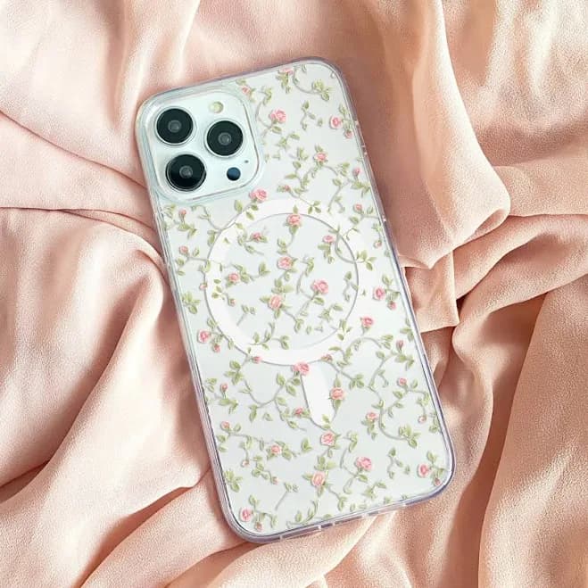 Clear Floral Phone Case Magsafe, Cute Clear iPhone Case, Pink Rose Clear Phone Case, Coquette Phone Case, Clear Case iPhone 13 14 15 Pro Max