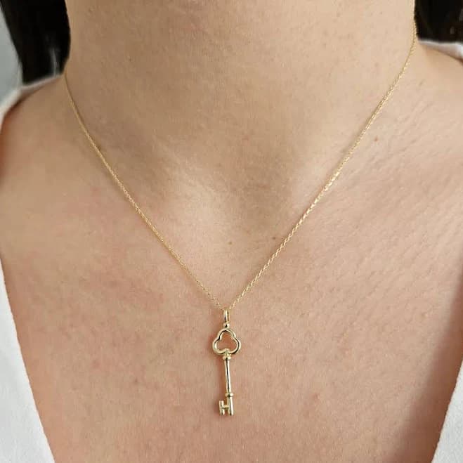 14K Gold Dainty Key Charm Necklace