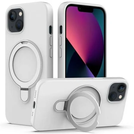 Magnetic Case for iPhone 15Compatible with MagSafe Charging with Ring Stand Heavy-Duty Protection Liquid Silicone Phone Case,White,For iPhone 15