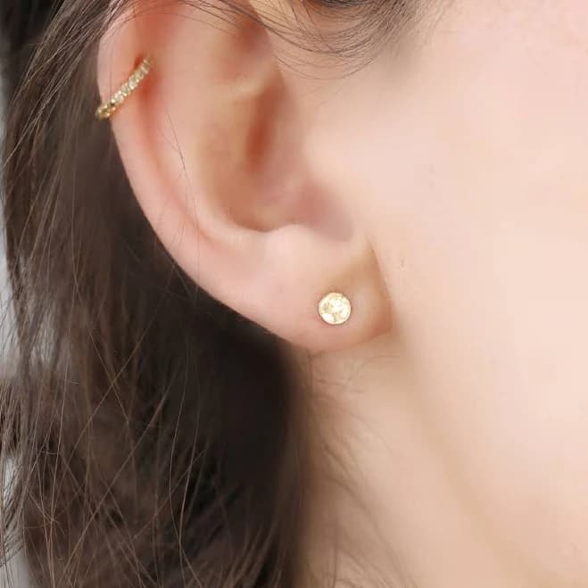 14K Solid Gold Hammered Disc Stud Earrings