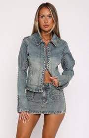Blake Denim Studded Mini Skirt Brown Blue | White Fox Boutique
