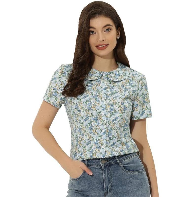 Vintage Floral Print Peter Pan Collar Button Front Blouse