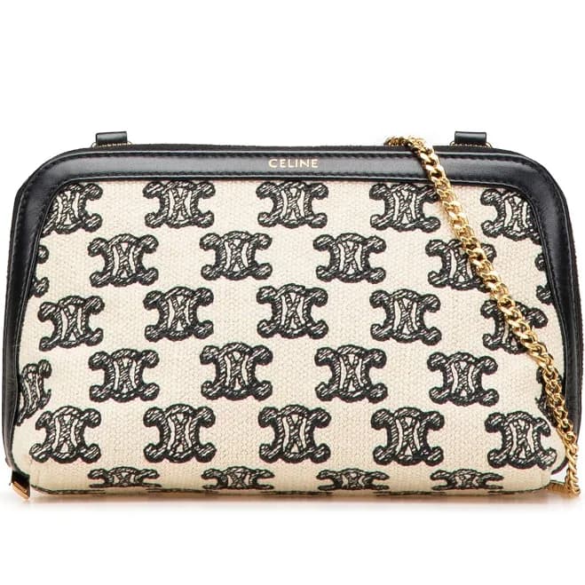 Authenticated Celine Triomphe Emroidered Canvas Clutch On Chain Light