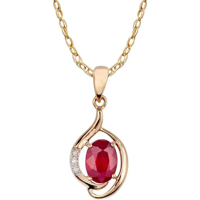 10K Yellow Gold Genuine Oval Ruby and Diamond Pendant Necklace