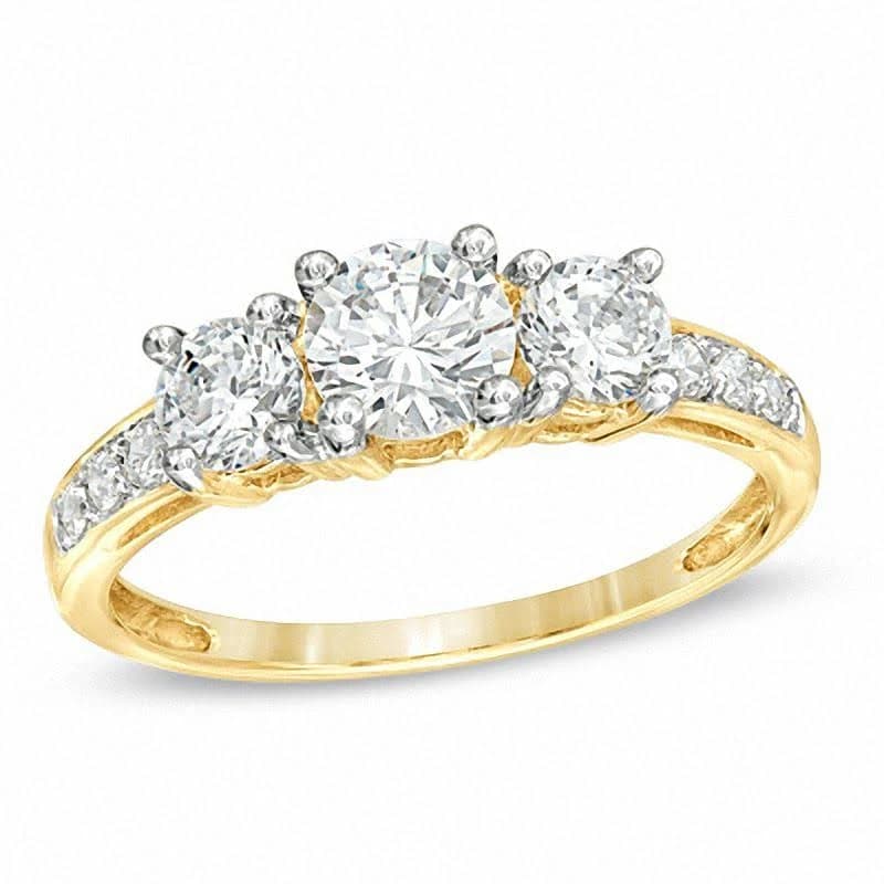 Zales 10K Gold Channel White Lab-Created Sapphire Three Stone Ring