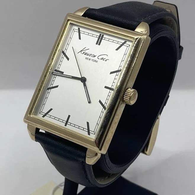 Men’s Kenneth Cole York Rectangle Gold Tone Watch Black Leather