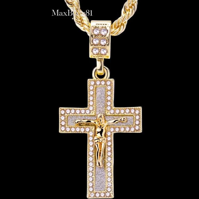 Iced Crucifixion Of Jesus Religious Cross Cz Pendant 24" Rope Chain