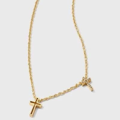 14K Gold Cubic Zirconia Double Cross Pendant Necklace