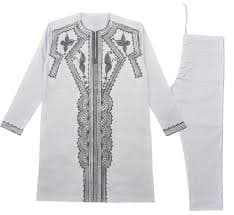 White & Silver Men Embroidery Long Sleeve Set