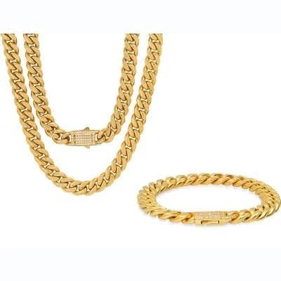 18K Gold Plated Stainless Steel Cuban Link Chain Set with Simulated Diamonds