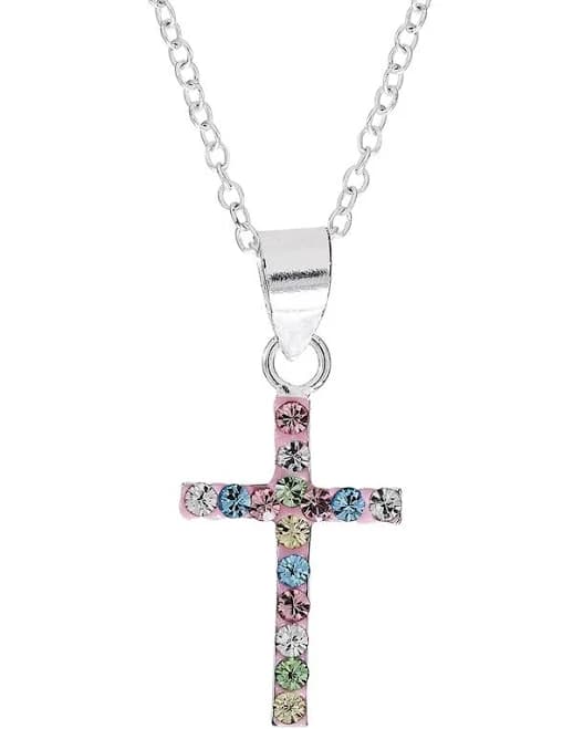 Brilliance Fine Jewelry Girls' Sterling Silver Crystal Cross Pendant Chain