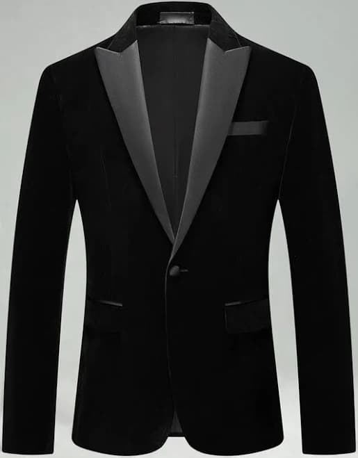 Zapaka Men's Velvet Single Buckle Peaked Lapel Blazer