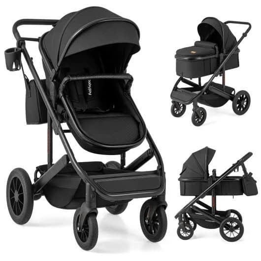 2 in 1 Baby Stroller, Convertible Stroller with Bassinet Reversible Seat Adjustable Backrest Canopy One Hand Fold, Compact Toddler Pushchair for Kids Infants Newborns 0-36 Months (Black)