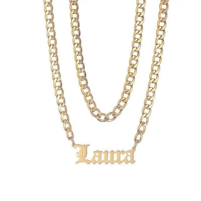 Personalized Gold Plated Cuban Chain Necklace with Old English Font Nameplate