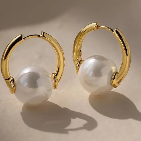 Caitlyn Minimalist 18K Gold Pearl Huggie Hoop Earrings
