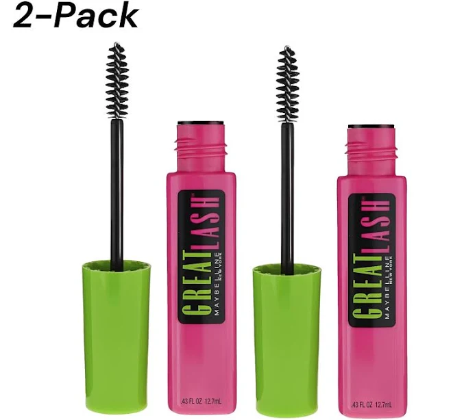 2-PACK Maybelline Great Lash Washable Mascara Makeup, Volumizing Lash-Doubling Formula That Conditions As It Thickens, Very Black