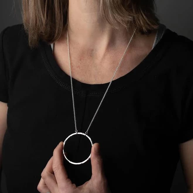 Hammered Sterling Silver Large Circle Pendant Necklace