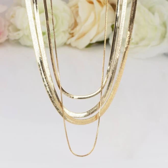 14K Gold Herringbone Necklaces Set of 4