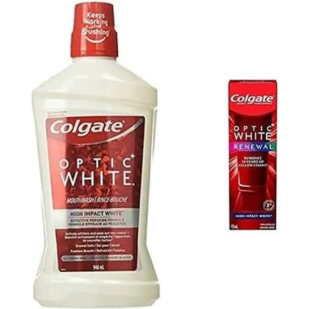 Colgate Optic White Mouthwash Alcohol Free Icy Fresh Mint 946 mL + Colgate Optic White Advanced Teeth Whitening Toothpaste Sparkling White 133 mL w/