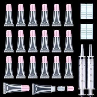 50PCS Lip Gloss Tubes 5ml Pink Cap Lip Gloss Containers Empty Lip Balm Tubes Squeeze Lipgloss Tubes + 2 x 20ml Syringes Tag Labels for DIY Lip Gloss Base Glitter