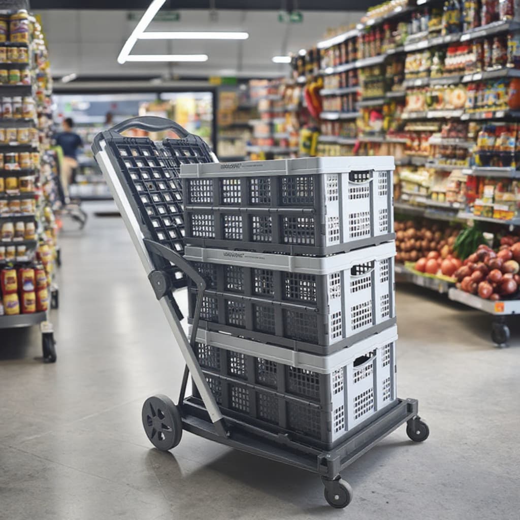 LEADLOONG 2-Tier Collapsible Shopping Cart with Storage Crate Folding Trolley for Kitchen Garage Grocery Laundry
