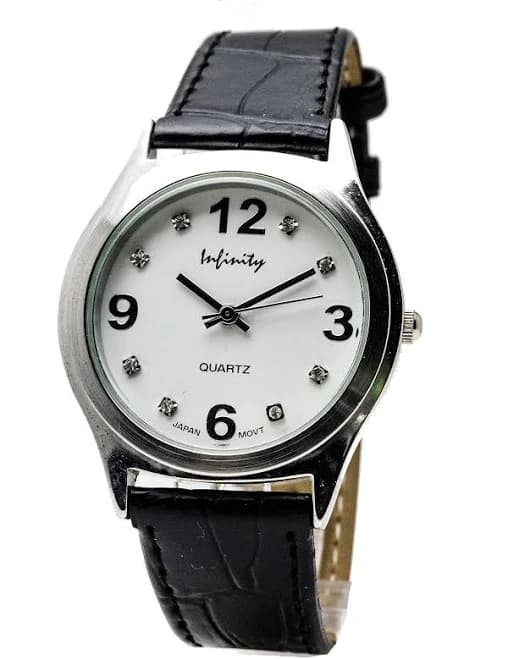 Infinity:men's Genuine Black Leather Band Round Case Analog Quartz