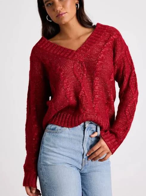 Lulus Sequin Cable Knit V-Neck Sweater