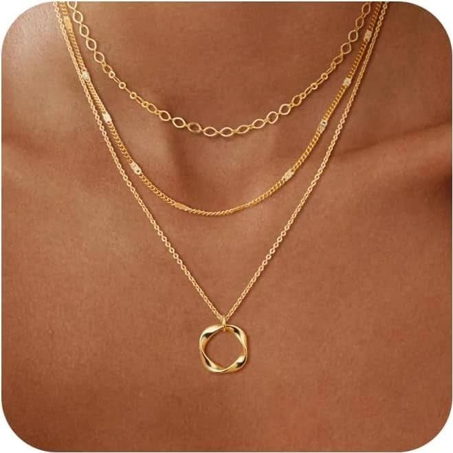 Layered Gold Necklaces For Women, 3pcs / Twisted Circle & 2 Chains