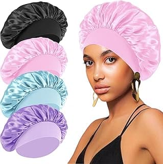 4PCS Satin Hair Bonnet for Sleeping,Bonnets for Black Women Men,Silk Bonnet for Sleeping,Hair Wrap Cap for Curly Hair,Elastic Wide Band Hair Bonnet Shower Cap (Black & Blue & Pink & Purple)