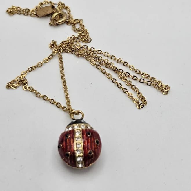 Vintage Ladybug Gold Tone Red Enamel Clear Crystals Small Pendant