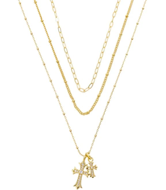 Cubic Zirconia Double Cross Pendant Necklace Set in Gold