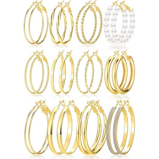 12-Pairs Hypoallergenic Gold Hoop Earrings
