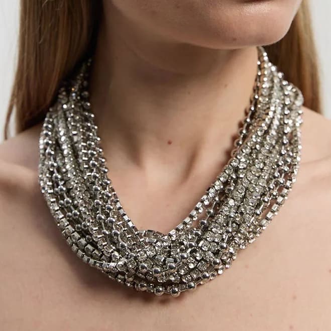 Karen Millen Diamante Layered Chunky Silver Necklace