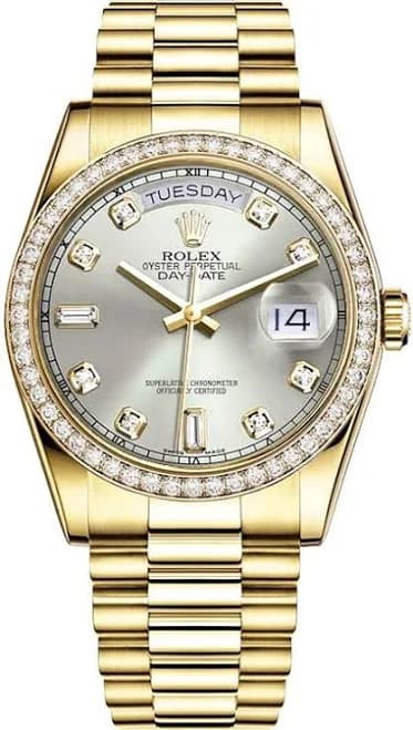Rolex Men's Day Date President Yellow Gold Factory Diamond Bezel & Silver Diamond Dial 18348