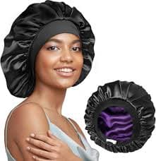 Amazon.com: 22 Momme 100% Real Mulberry Silk Bonnet for Sleeping Women, Large Hair Care Bonnet for Long Curly Hair, Double Layer Silk Wrap with Soft Elastic Band, Non-Slip Sleep Cap, Black+Purple :