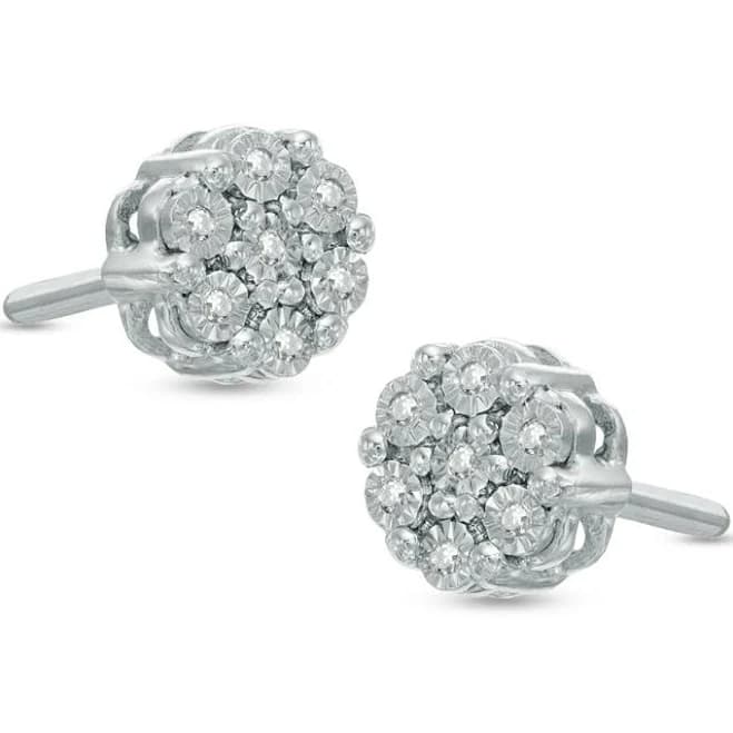 Sterling Silver Diamond Flower Cluster Stud Earrings